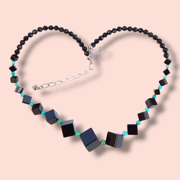 Jay King Necklace Black Agate Turquoise Geometric Cube 925 Sterling Silver 18in - Picture 1 of 8